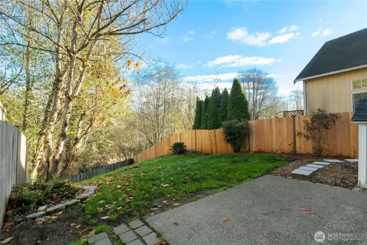 Fully fenced backyard with patio, ideal for entertaining and outdoor living.