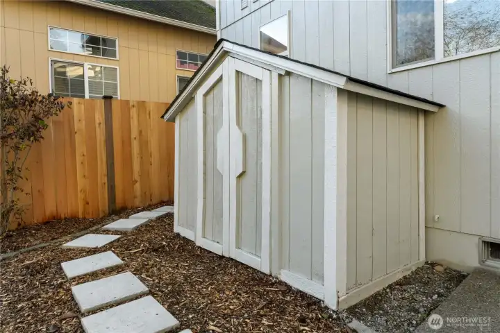 Convenient outdoor storage shed for tools and equipment.