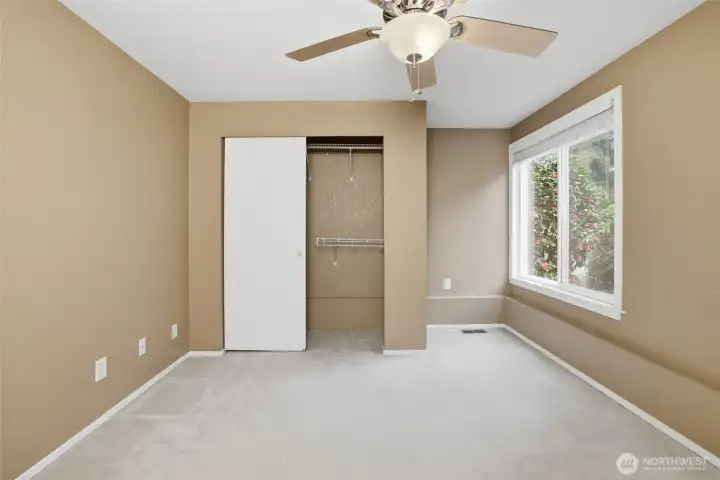 Big closets and a window overlooking the landscaping (no walkways)
