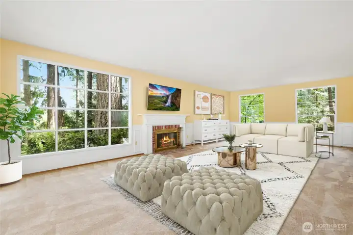 Living room with wood/gas fireplace. This room has been virtually staged