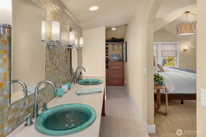 Primary bathroom with walk-in closet.