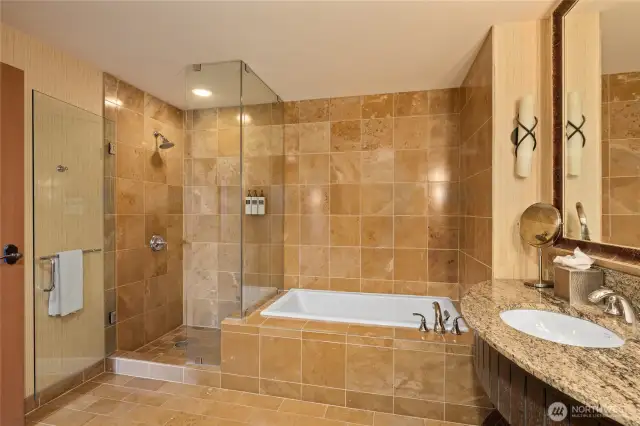 bathroom with soaking tub and shower