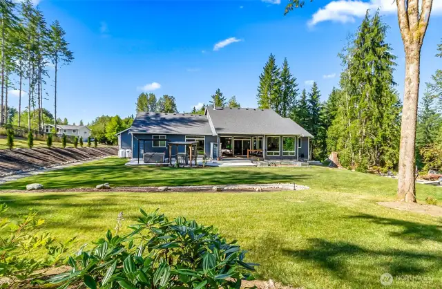 The view of the back yard looking at the house