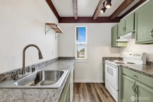 Kitchen with new cabinets, countertops, and sink. All appliances included.