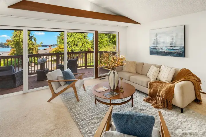 Vaulted ceilings and west facing views from the living room
