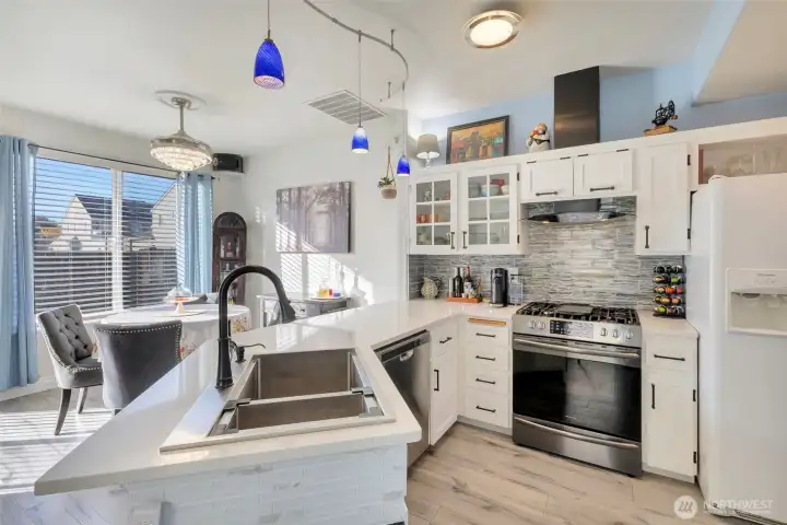 Kitchen is bright and open.
