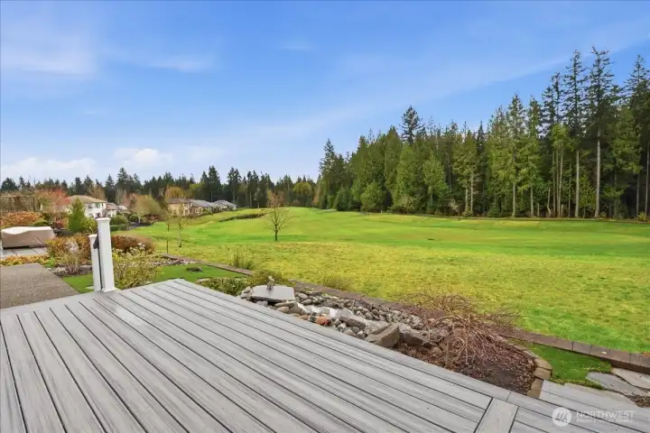 Over the Sundeck, Waterfull, Astroturf, and retainer wall, and over the water trap you'll find the green.