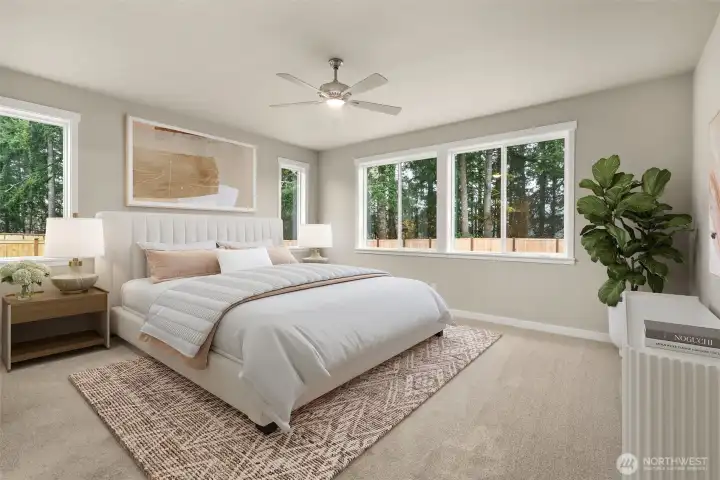Primary bedroom backs up to the private backyard. Wood wrapped windows and luxury grade carpet and pad.