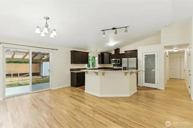 Easy access to covered patio. Back area has fence for littles or pets.