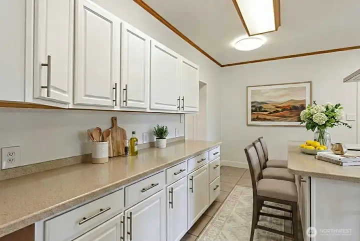 Buffet for serving or ample counterspace for cooking/baking projects. digitally staged