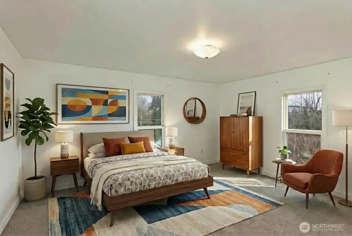 Primary suite upstairs: digitally staged