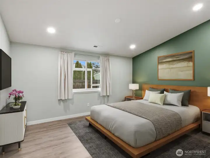 Virtually staged primary bedroom.