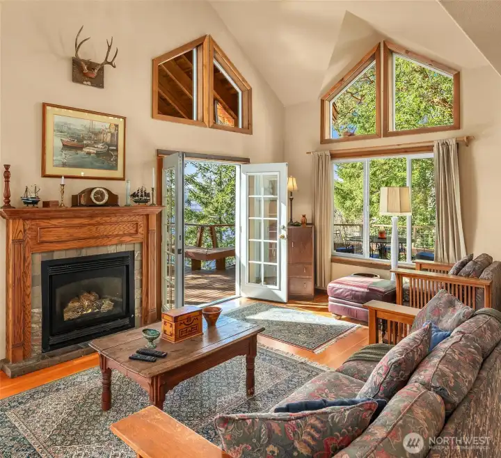 French doors welcome fresh air from the deck