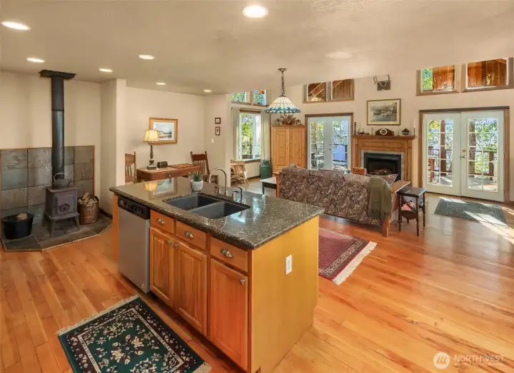 Wood-burning stove adjacent to kitchen area