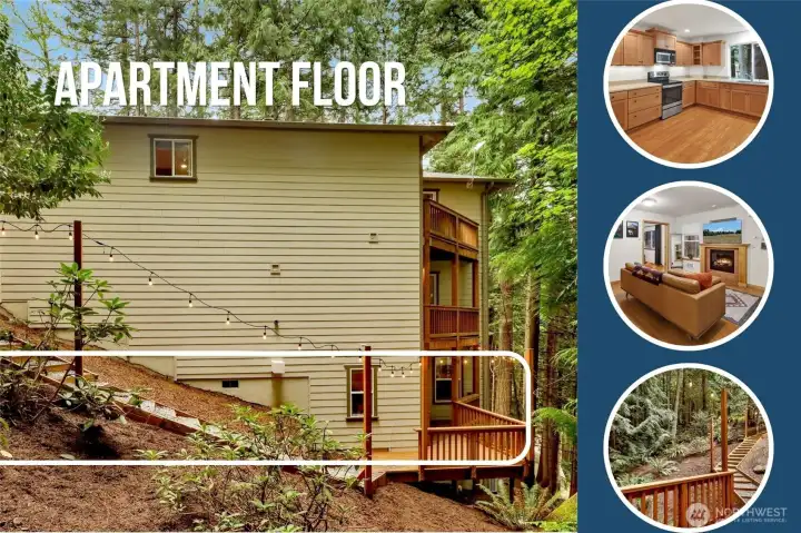 Lower level apartment features private exterior entrance, kitchen, 1 bedroom, office, and 3/4 bath. Lower level apartment features private exterior entrance, kitchen, 1 bedroom, office, and 3/4 bath.