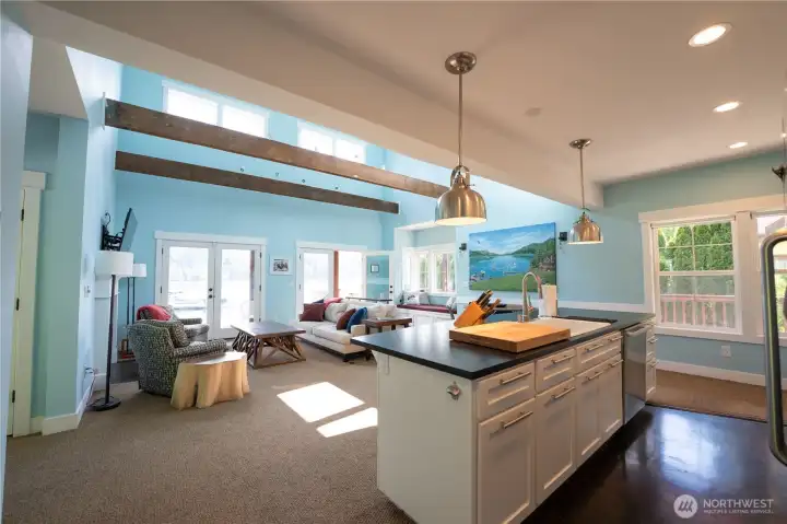 Open concept kitchen and living.
