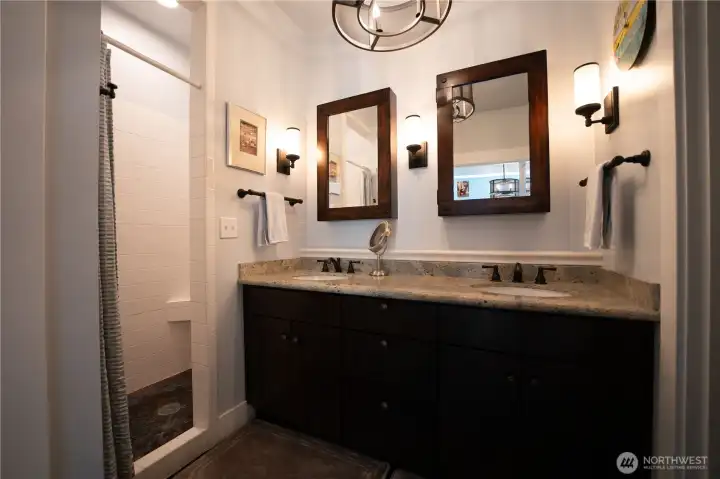 En suite bath with walk-in closet.