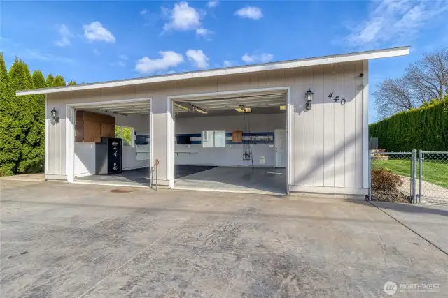 Detached garage w/garage doors open
