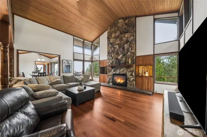 soaring vaulted cedar ceilings with ceiling fan