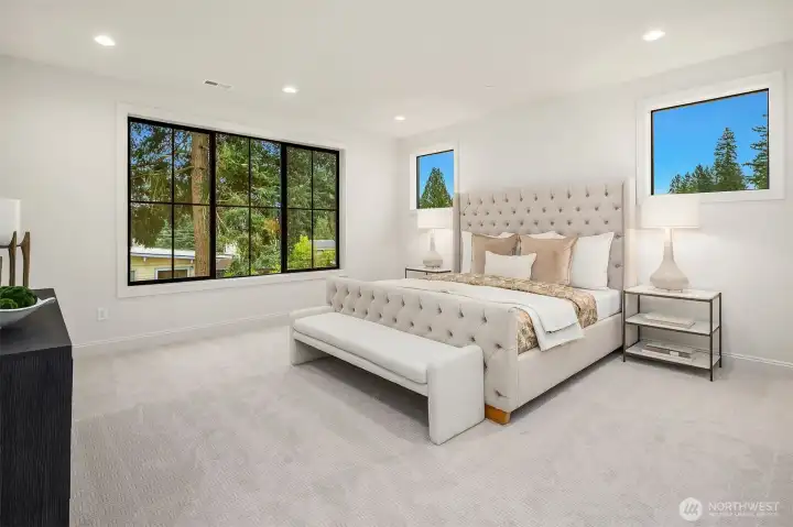 Designer primary suite with five-piece bath with heated floors