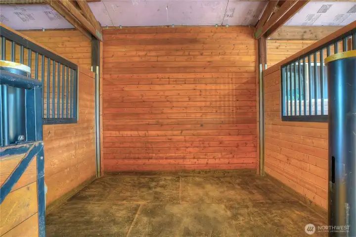 One of eight matted stalls with T&G surround, noble corner feeders & Nelson water system.
