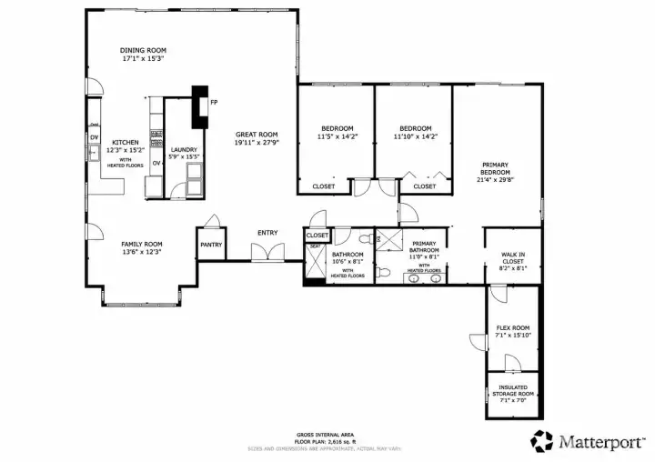 Floor plan showing rooms with heated floors Floor plan showing rooms with heated floors