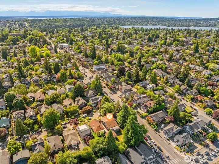 Aerial photo looking west. Sought after Wallingford neighborhood. 82 walk score & 86 bike score. You can see Green Lake from this photo.