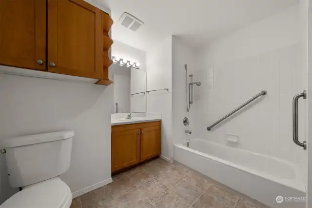 This Guest Bathroom is open and roomy. New toilet, flooring and the baseboard trim were installed in May, 2024.