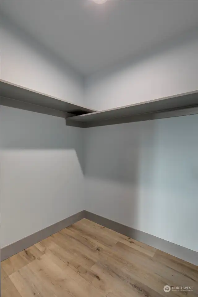 Beautiful walk-in closet with shelving.