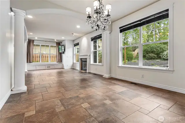 Oversized dining leads into a spacious living room.