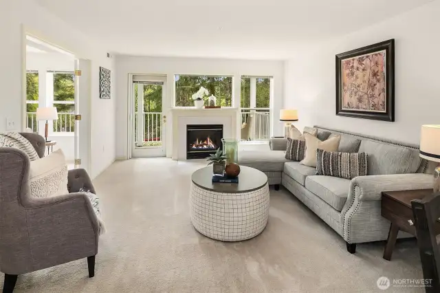 Light and bright living area with gas fireplace for additional heating!