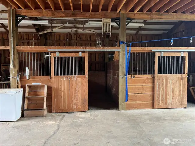 Two completed stalls with access doors on the back to exterior runs.