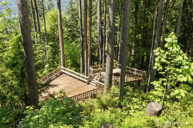 There are stairs at the back of the house that lead to these incredible decks that are nestled in nature.