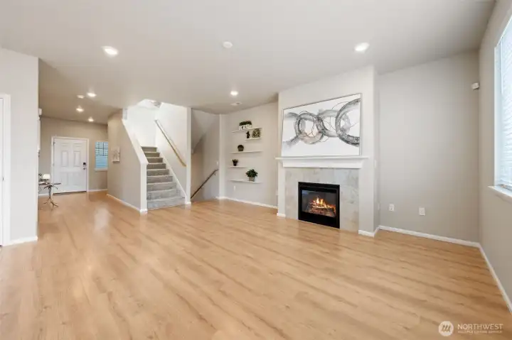 A cozy gas fireplace for chilly mornings.