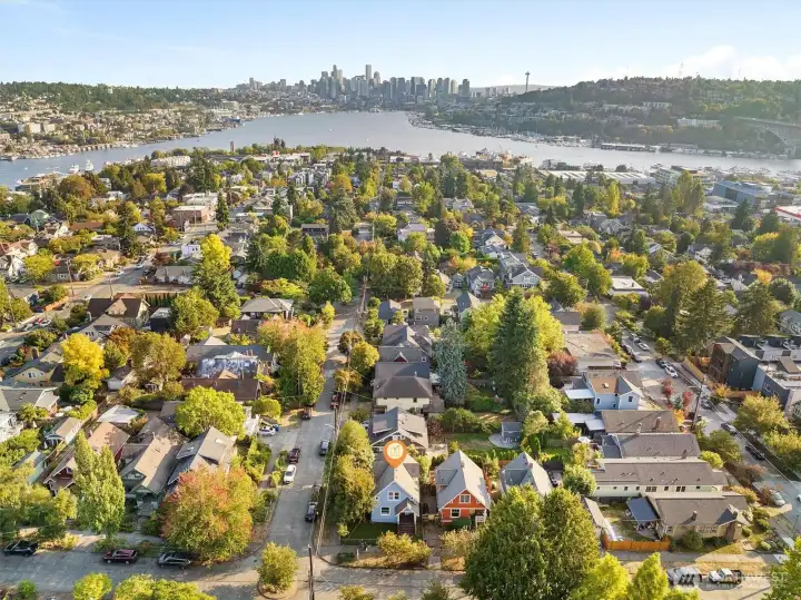 Aerial photo looking south. You can see Lake Union and downtown. Impressive 87 walk score and 89 bike score! Placing you only minutes away from the UW, Amazon, downtown and 520.