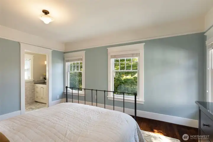A view from bed looking toward the new primary bath.