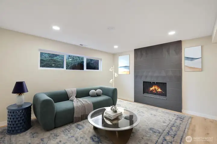 Lower level family room. virtual staging