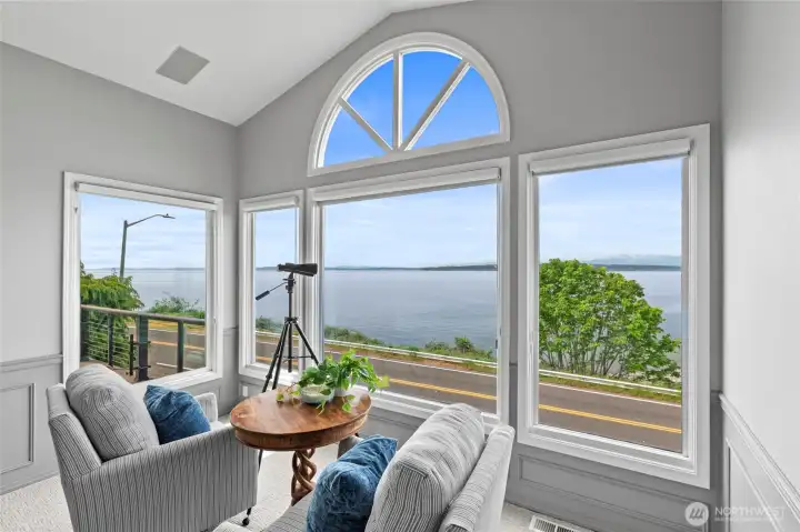 Sit front-row to watch the Kingston-Edmonds Ferries, cruise ships and whales from nearly every window in the house.