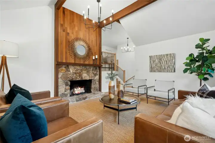 Awesome mid-century features highlight a spacious living room equipped to handle large crowds. Awesome mid-century features highlight a spacious living room equipped to handle large crowds.