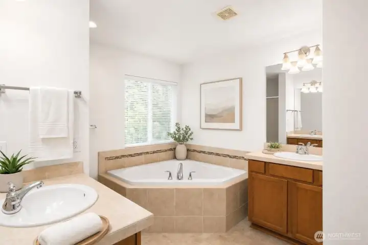 Spa-like primary bathroom finishes. Spa-like primary bathroom finishes.