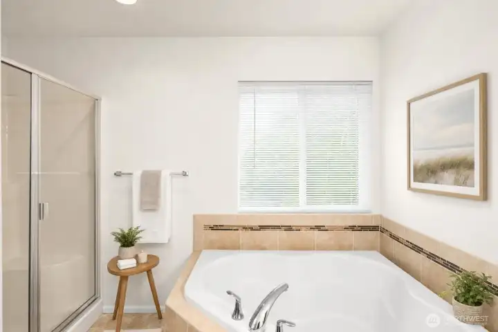 Separate standalone shower in the primary bath. Separate standalone shower in the primary bath.
