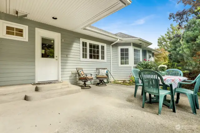 The patio is located on the south side of the home, it is a fenced in space that continues to the brick back patio & is secure for pets and littles.