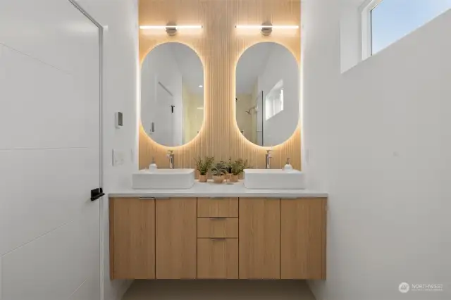 Primary Bath Vanity with powered defogging mirrors