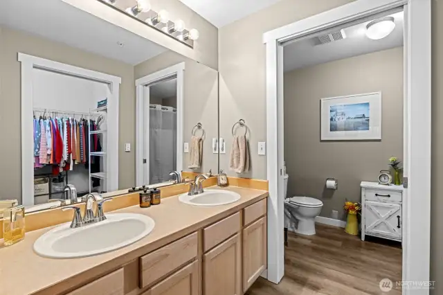 With a spacious layout and separation between the vanity and shower area, this primary bath gives you room to move and function with ease—no bumping elbows here.
