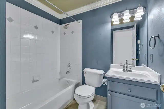 This full bathroom serves the main level and is conveniently located next to the main level bedroom.