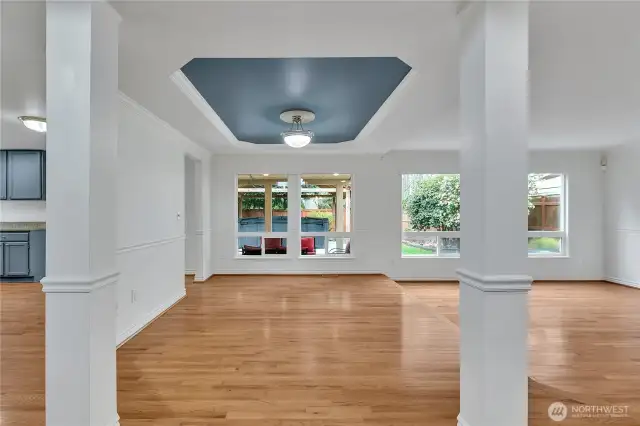 The formal dining space resides close to the kitchen and opens to the family room.