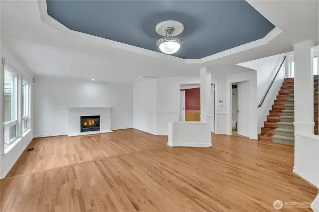 The attractive tray ceiling adds a bit of architectural flare to the formal dining space.