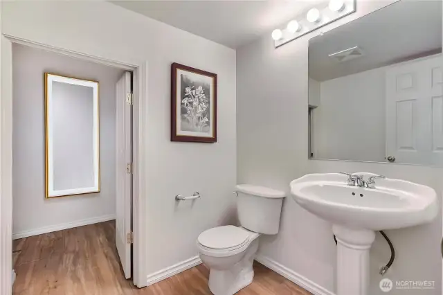 Downstairs powder bath with additional storage area under the stairwell.