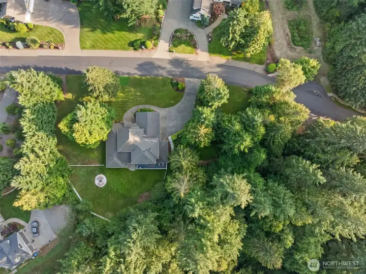 Aerial perspective highlighting home, yard, and neighborhood.