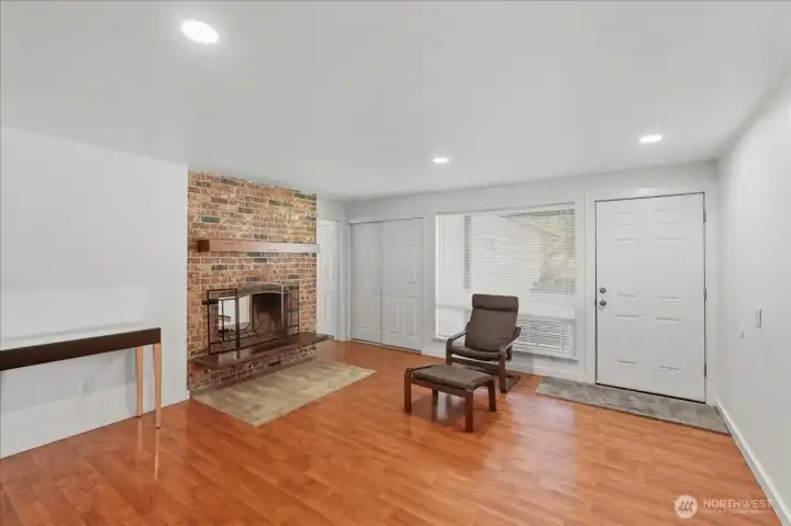 Living room with "See-through" fireplace.